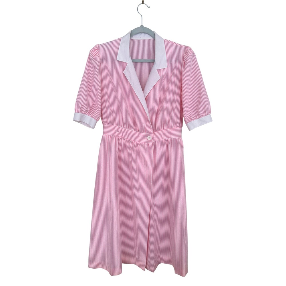 VTG Seersucker Pink Stripe Collared Button Front Midi Dress Women's Grandmacore